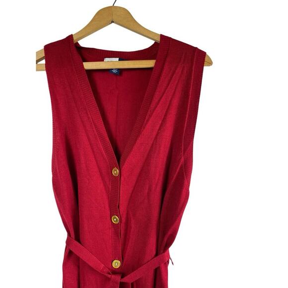 Sweater Vest Cardigan Button Up Red Tie Waist Soft Knit Coastal Preppy Large - Picture 3 of 9